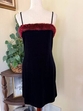 Vintage Finesse USA Black Velvet Mini Dress Burgundy Faux Fur Trim sz L